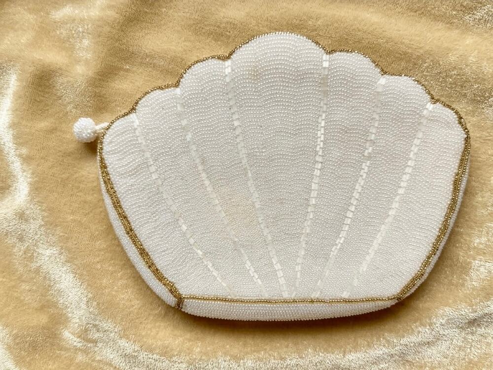 Rare Vintage 1950s Nina Ricci Beaded Clam Shell Clutch Bag White Art Deco Bridal
